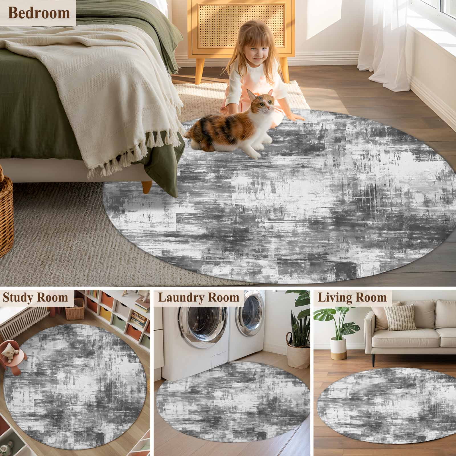 Round Area Rug 6 Ft, Black Grey Ombre Washable Non-Slip Circle Carpet for Living Room/Bedroom, Gradient Abstract Art Vintage Low-Profile Indoor Mats Collection Rugs for Residential