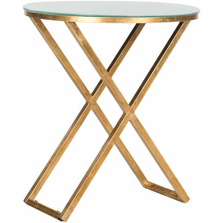 SAFAVIEH Riona 23 in. H Round Top Cross Legs Accent Table Gold/White Glass