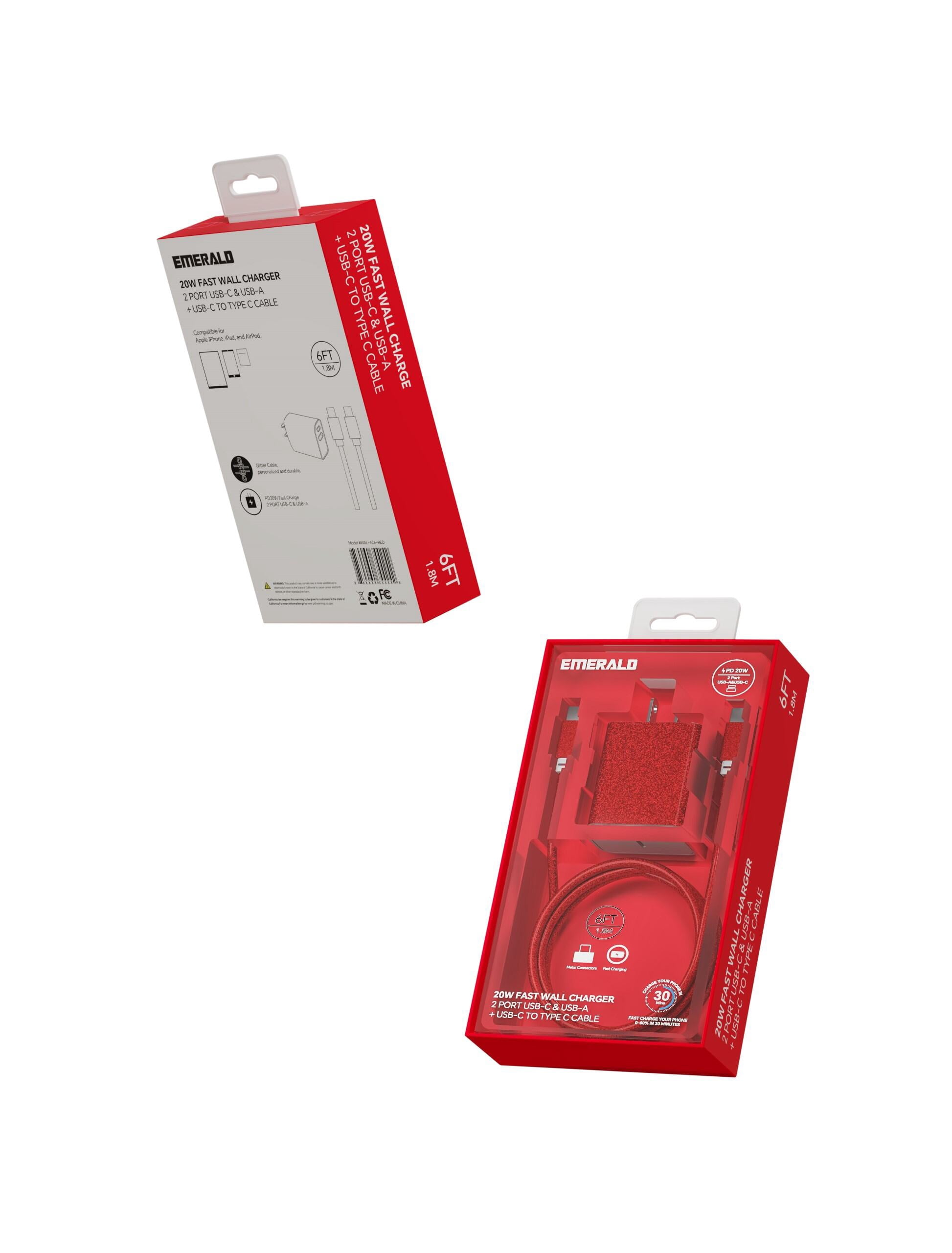 Emerald USB C Charging Cable with 2 Port Wall Adapter, USB C to USB C Cable, Type C Charger, Red, 6’