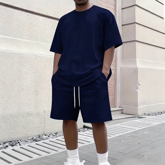 Men's 2 Piece Summer Outfits Oversized Crewneck Short Sleeve Shirt & Shorts Comfortable Casual Loungewear Set Navy XL