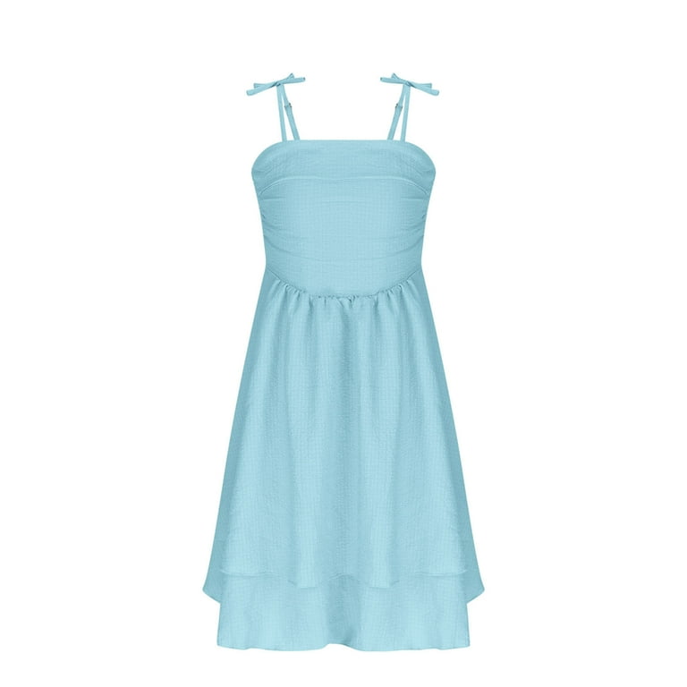 vokkrv 10-11 Years Girls Summer Spaghetti Strap Dresses Flowy Tiered Ruched Smocked Back Casual Beach Midi Sundress Blue, Girl's