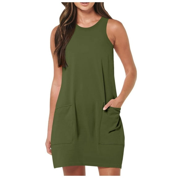 Womens Sleeveless Mini Tank Dress Casual Workout Sport Tennis With 2 Pockets Dress