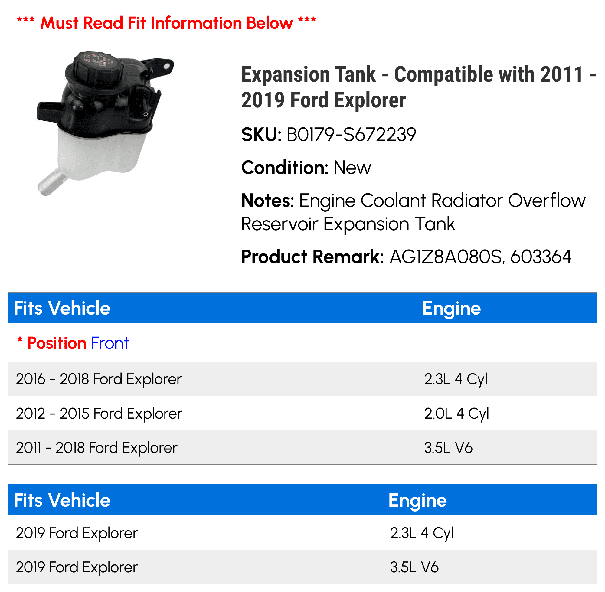 Expansion Tank - Compatible with 2011 - 2019 Ford Explorer 2012 2013 2014 2015 2016 2017 2018