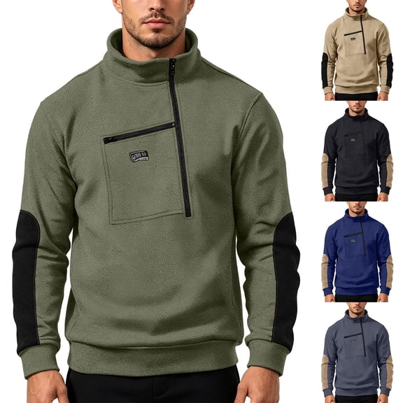 Tbopshirt Men's Sweatshirt Quarter Zip Fleece Pullover Stand Collar Long Sleeve Top with Chest Zipper Pocket and Contrast Sleeve Patches Casual Outdoor Winter Layer,S-3XL