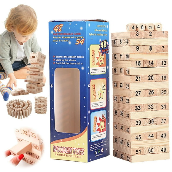 Jeu de Tour Tumble Jeu Classique avec Tour Empilable en Bois Franc Véritable pour 1 Joueur Ou Plus Enfants de 6 Ans et Plus