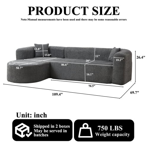 109.4" Modular Sectional Sofa with Curved Back, Chenille Upholstery, L-Shape Left Chaise, Cloud Couch for Living Room, Gray