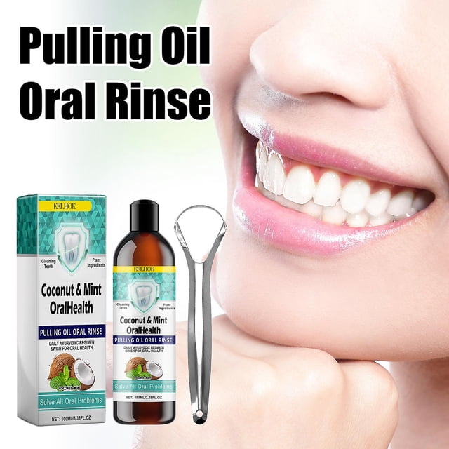 Coconut Pulling Oil, Mint Oil Pulling Mouthwash, Oil Pulling for Healthy Teeth & Gums, Whitening Pulling Oil Coconut Mint, Mouthwash With Tongue Scrap
