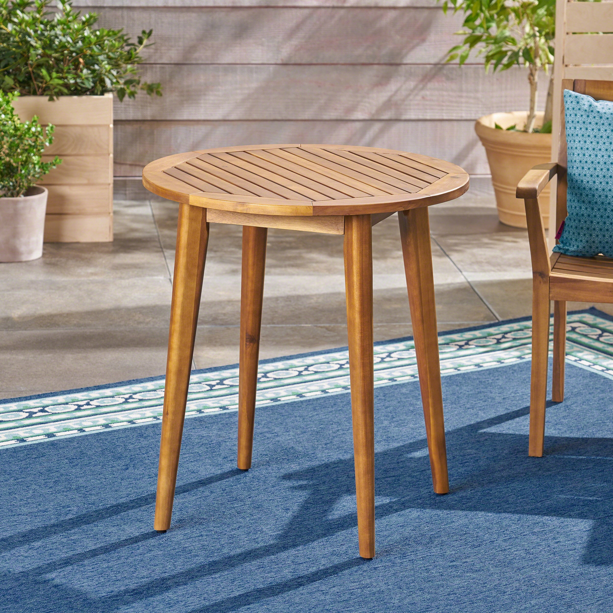 Euroco Modern Round Outdoor Bistro Table, Solid Acacia Wood with Water-Resistant Finish, Patio Dining Table for 2, Natural Brown
