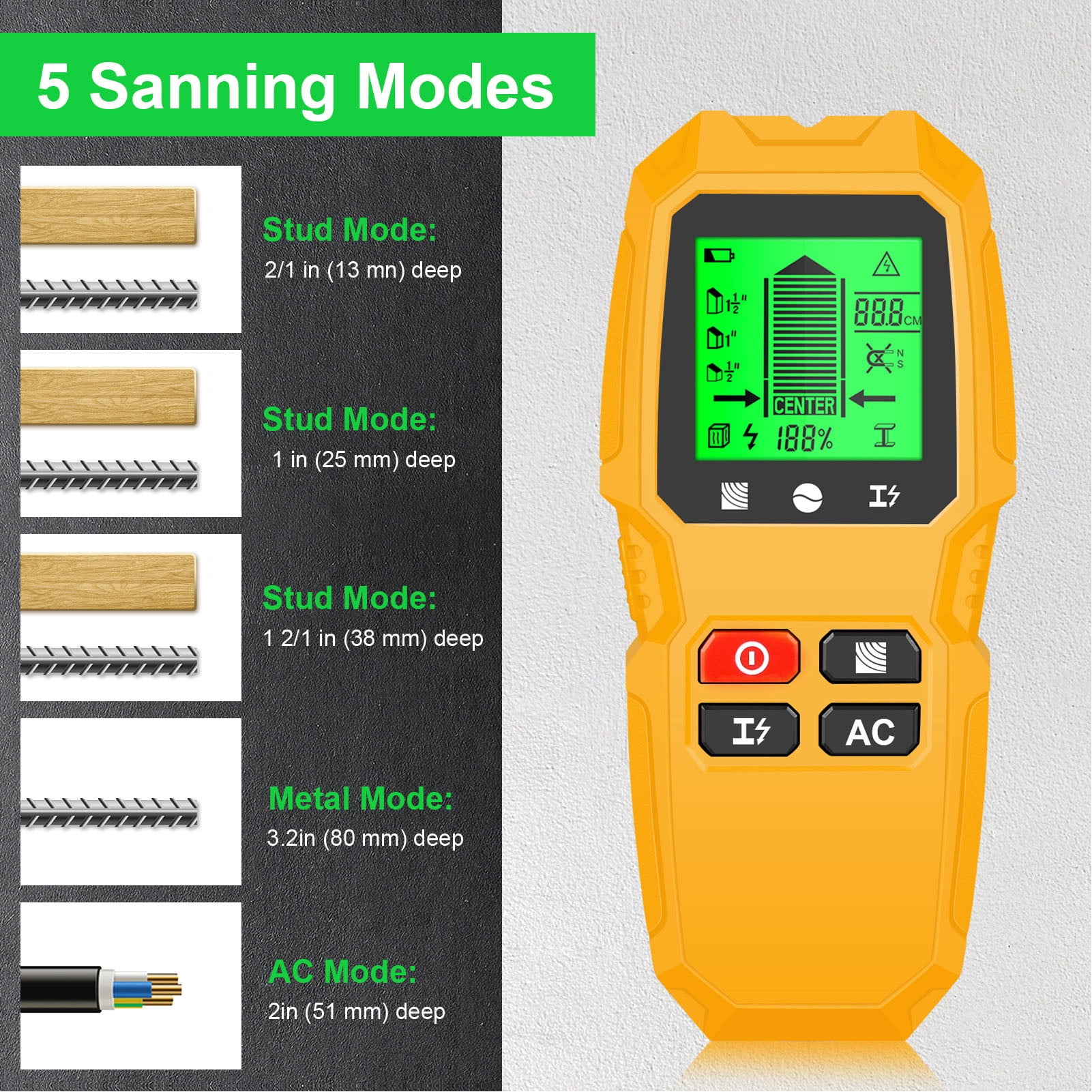 LAZIOEGR 5 in 1 Multifunction Electronic Stud Finder Wall Scanner Wood Metal AC Wire Detector Electrician Heavy Duty Sensor Tool with LCD Display Yellow