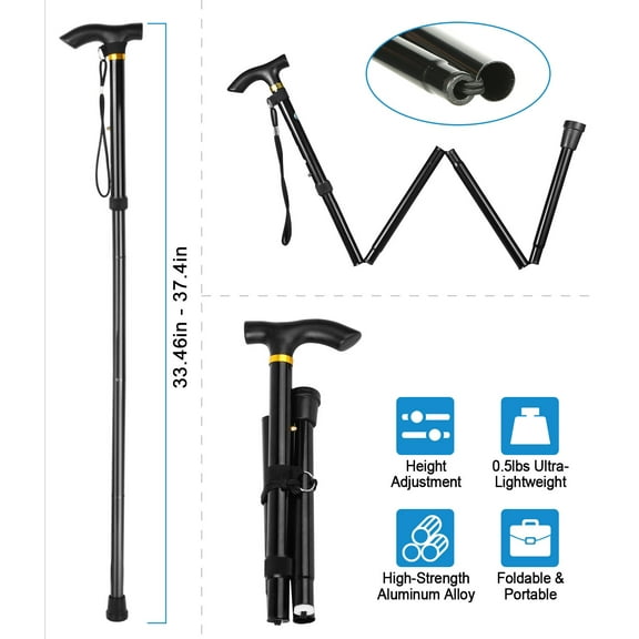 Ultralight Folding Trekking Pole & Walking Stick - Adjustable Hiking Cane for Women & Men, 5 Height Settings (33.5"-37.4"), Portable Collapsible Mobility Aid for Travel, Hiking & Trail Walking, Black