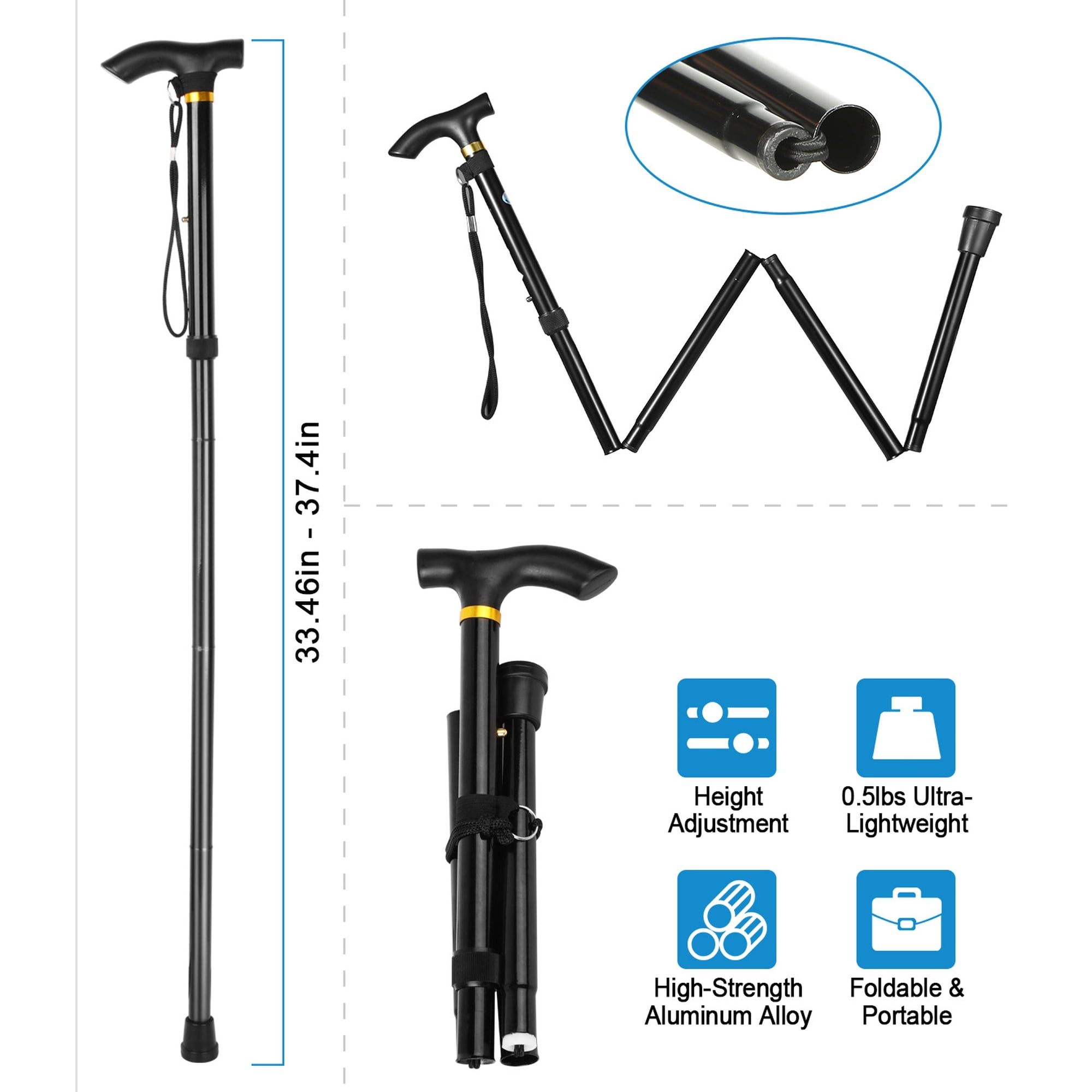Folding Trekking Hiking Pole, Collapsible Cane Adjustable Travel Walking Stick Portable Mobility Aid for Women Men Hikers Gift, Black