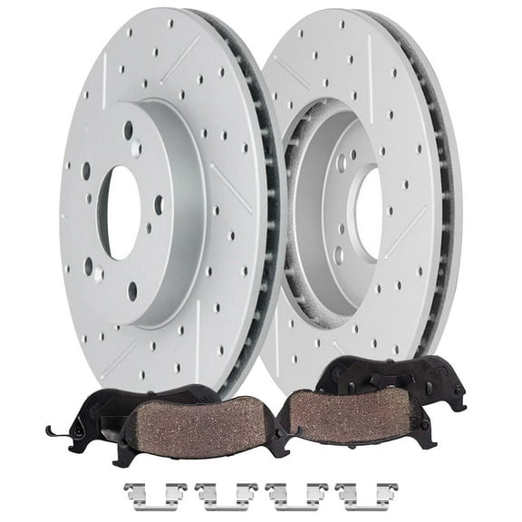 Detroit Axle - Front Brake Kit for 2015-2020 Honda Fit, Drilled and Slotted Disc Brake Rotors Ceramic Brakes Pads with Hardware 2016 2017 2018 2019 Replacement : 10.31" inch Rotors