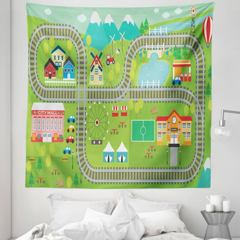Cartoon Activity Tapestry Train Tracks Colorful Town City Mall and Amusement Park Fair Fabric Wall Hanging Decor for Bedroom Living Room Dorm 5