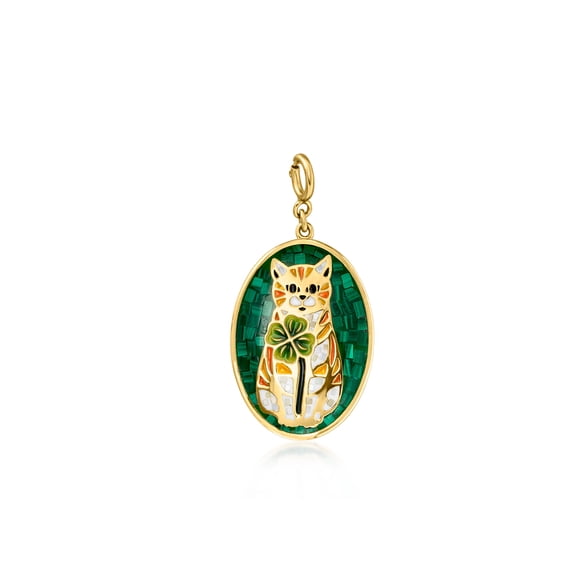 Ross-Simons Mother-Of-Pearl, Malachite and Multicolored Enamel Cat With Clover Mosaic Charm in 18kt Gold Over Sterling, Women's, Adult