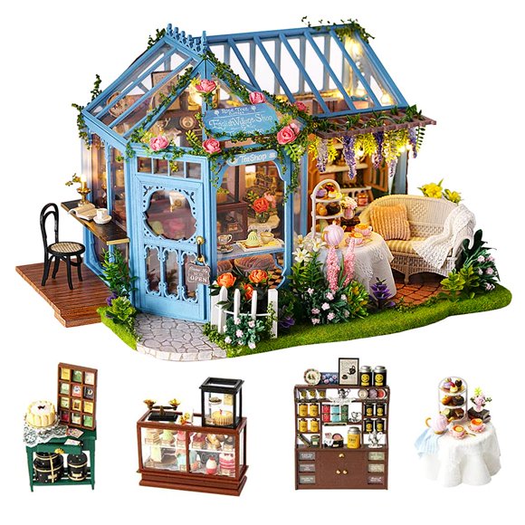 TuKIIE DIY Miniature Dollhouse Kit with Furniture, 1:24 Scale Creative Room Wooden Doll House Accessories Plus Dust Proof & Music Movement for Kids Teens Adults(Rose Garden Tea House)