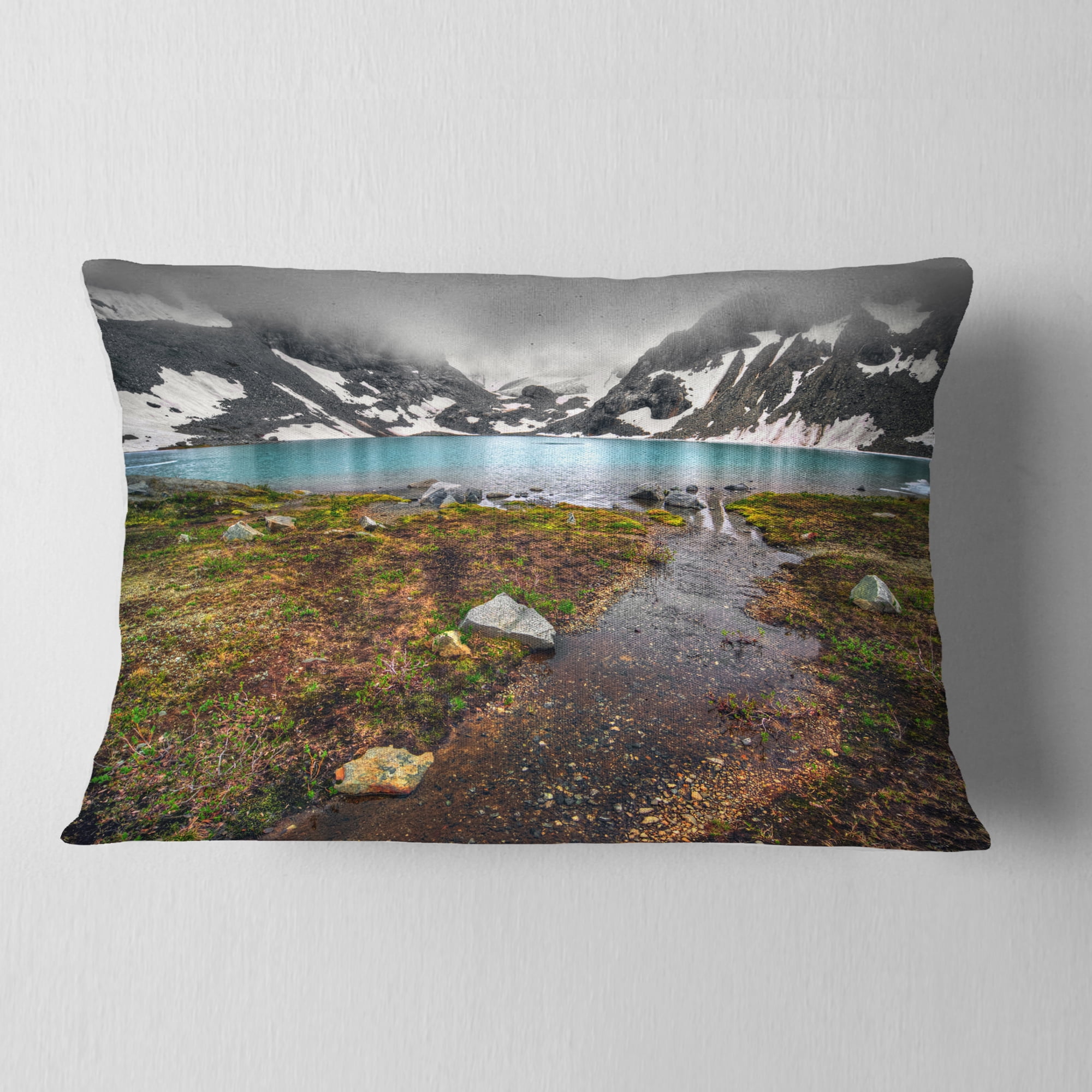 Designart Cloudy Sky above Mountain Lake - Landscape Printed Throw Pillow - 12x20