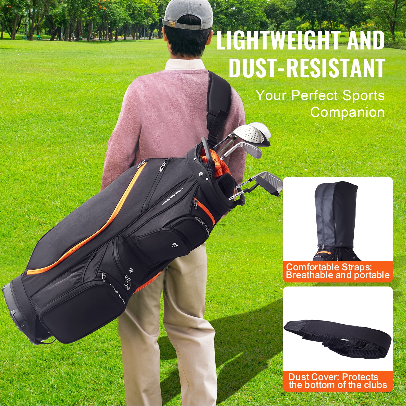 KFFKFF Golf Equipment Bag, 14 Compartments, 36” with 13 Storage Spaces, Robust Golf Gear Bag, Includes Handles, Dust Protector & Removable Straps, Suitable for Both Genders, Black & Orange