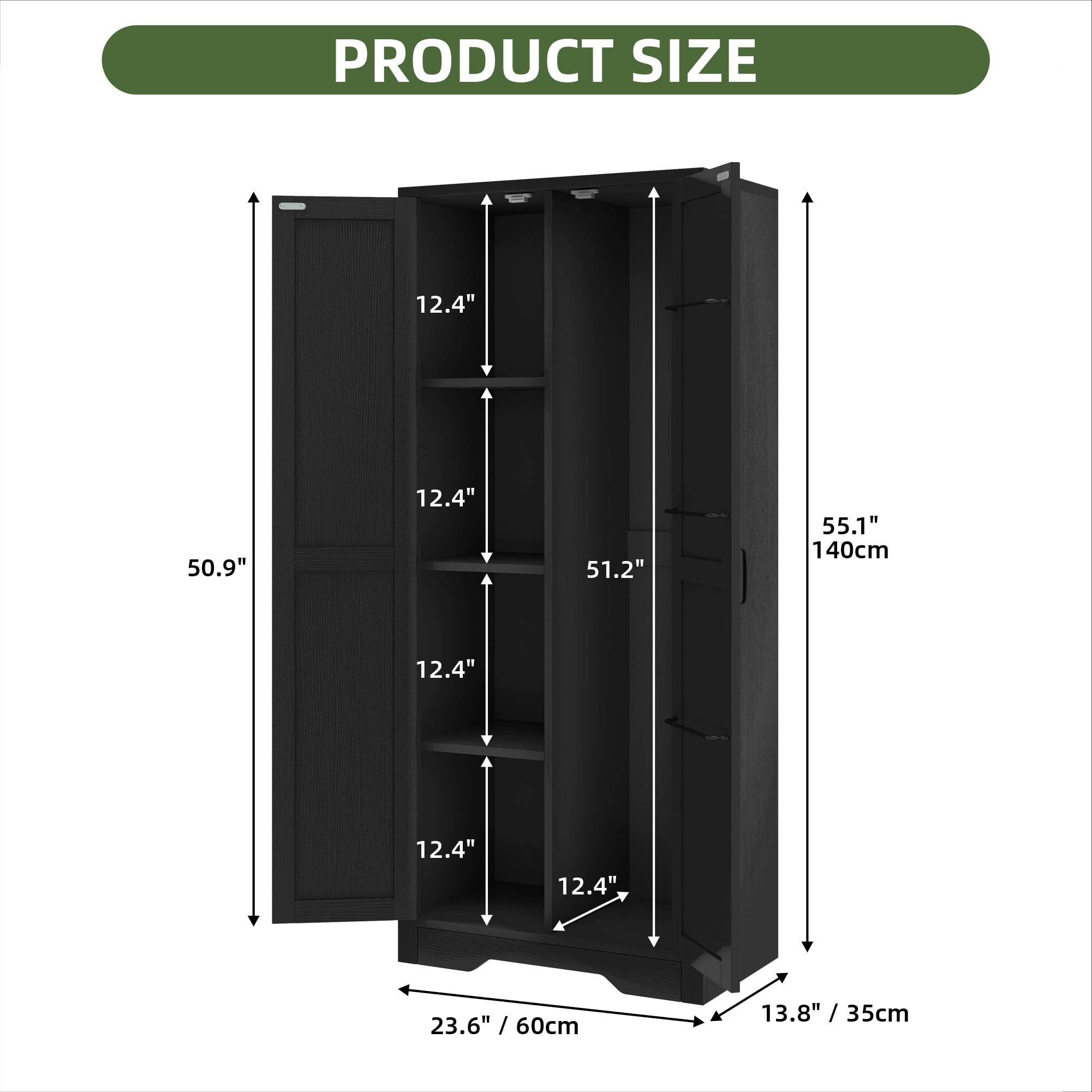 Uforic Utility Storage Cabinet, 55" Tall Wooden Cabinet with Shelves for Kitchen, Office, Garage - Black