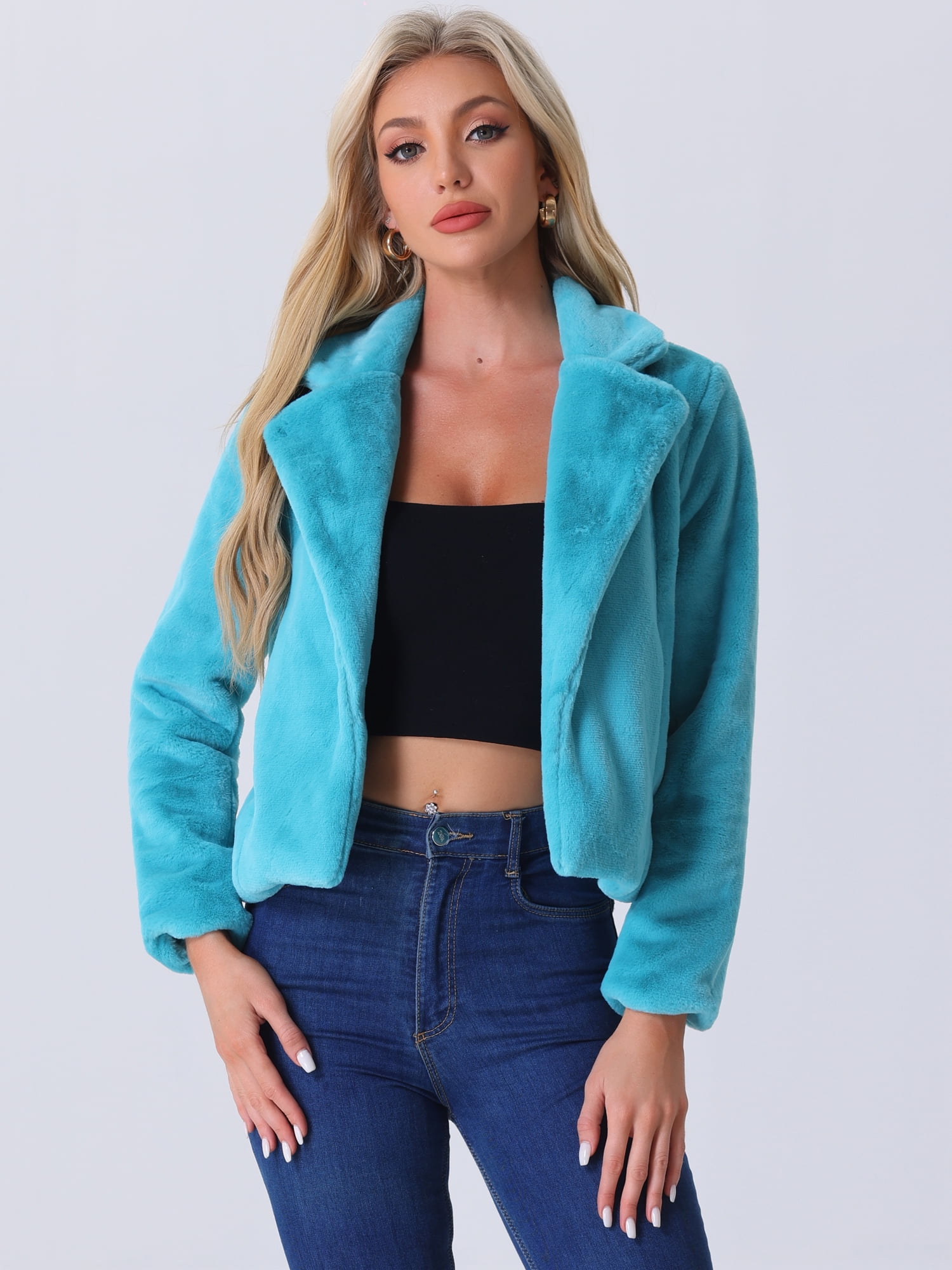 DARING DIVA Women's Cropped Notch Lapel Faux Fur Fluffy Coat XL Peacock Blue