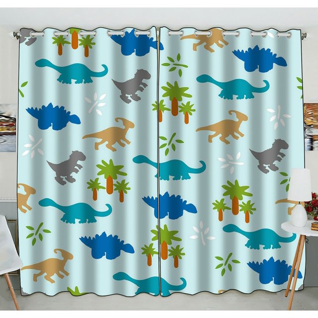 Cortinas de ventana ABPHQTO Siluetas Dinosaurios Hojas Árboles Azul 130x210 cm dos piezas