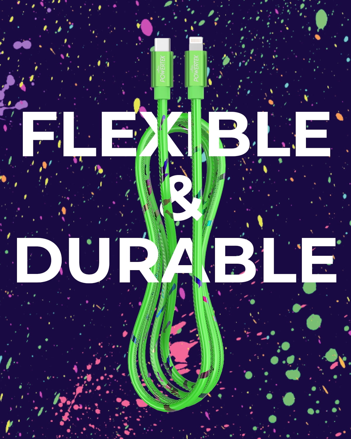 Liquipel Powertek USB C Lightning iPhone Charger Cable [MFI Certified], 6ft Fast Charging, Neon Party