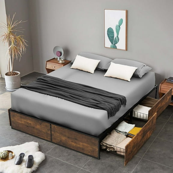 Gymax Full Industrial Metal Platform Bed Frame with 4 Drawers Wooden Footboard