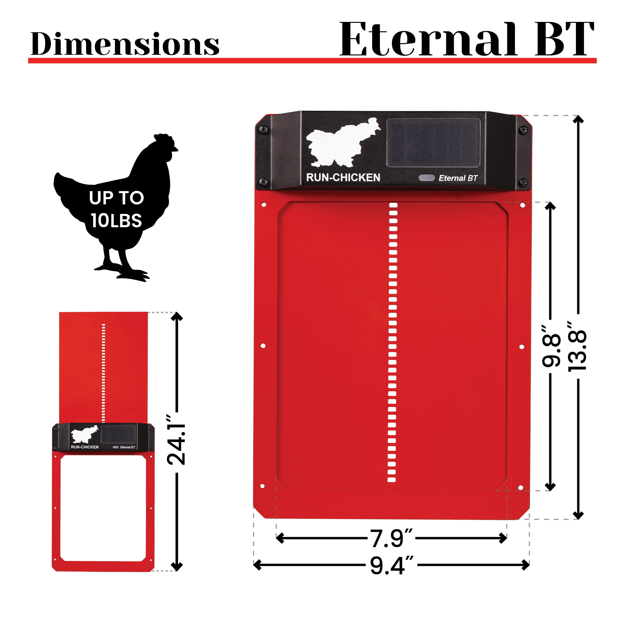Eternal BT RUN-CHICKEN Door – Solar-Powered Automatic Coop Door with Bluetooth Control (Red)