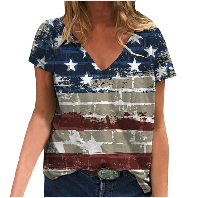 Pompotops T-shirt Décontracté pour Femme à Imprimé d'Étoiles, Col en V, Manches Courtes, Chandail à Enfiler, Hauts, Blouse