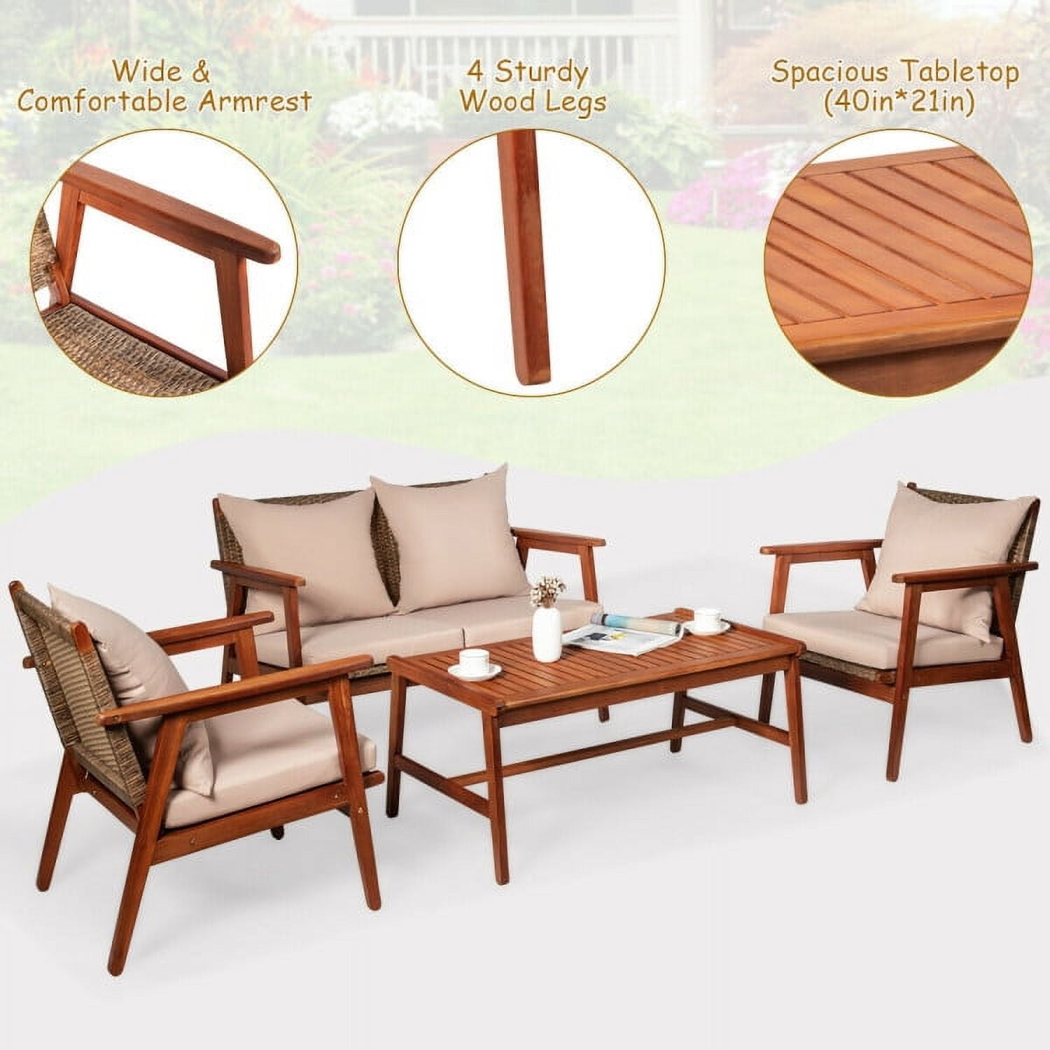 Aimee Lii 4 Pieces Patio Wicker Rattan Furniture Set for Lawn Backyard, Acacia Wood Patio Outdoor Patio Furniture, Brown Aimee Lii 4 Pieces Patio Wicker Rattan Furniture Set for Lawn Backyard, Acacia Wood Patio Outdoor Patio Furniture, Brown