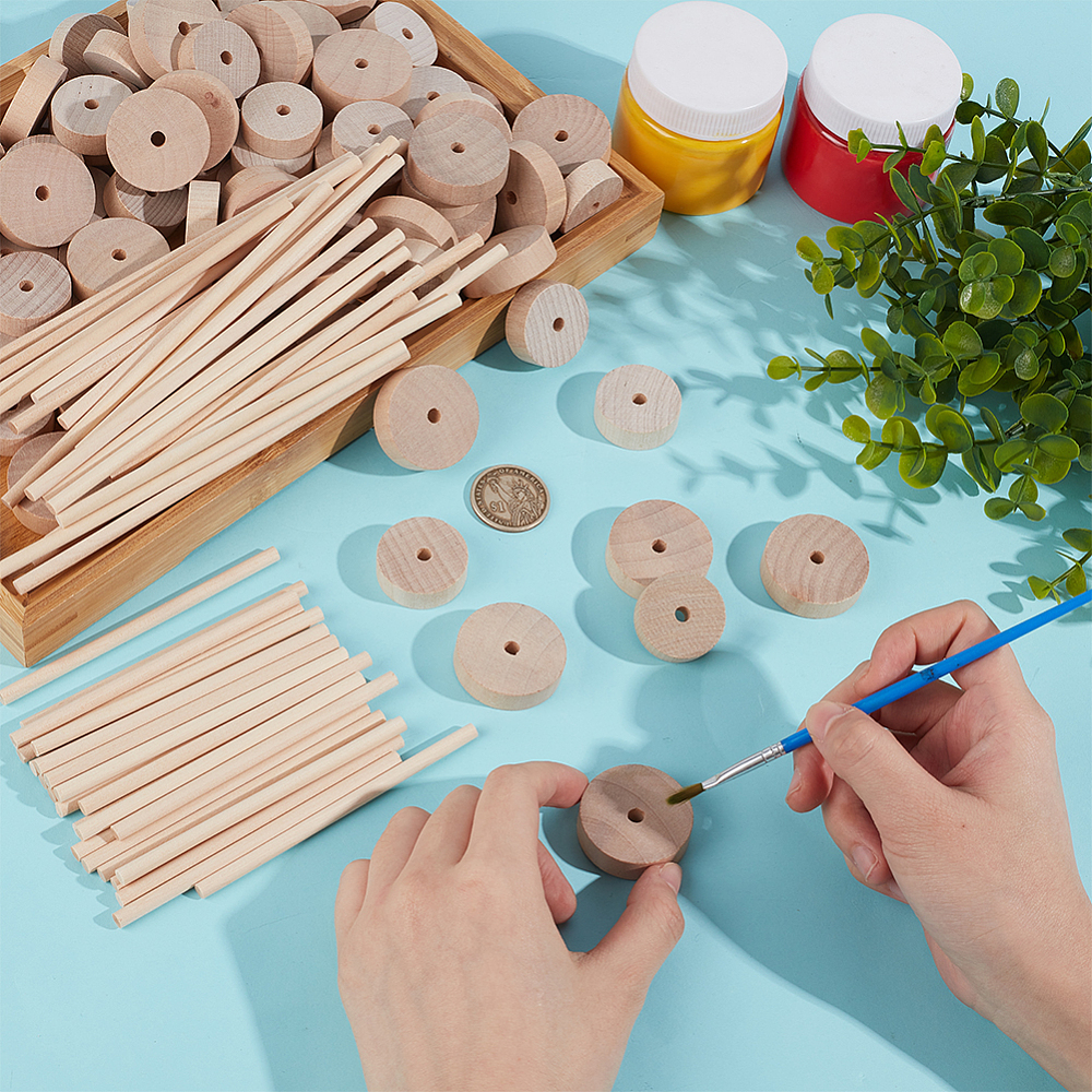 200Pcs 4 Styles Birchwood Wheel & Sticks DIY Accessories Flat Round & Column BurlyWood 28~150x10mm 50pcs/styles DIY