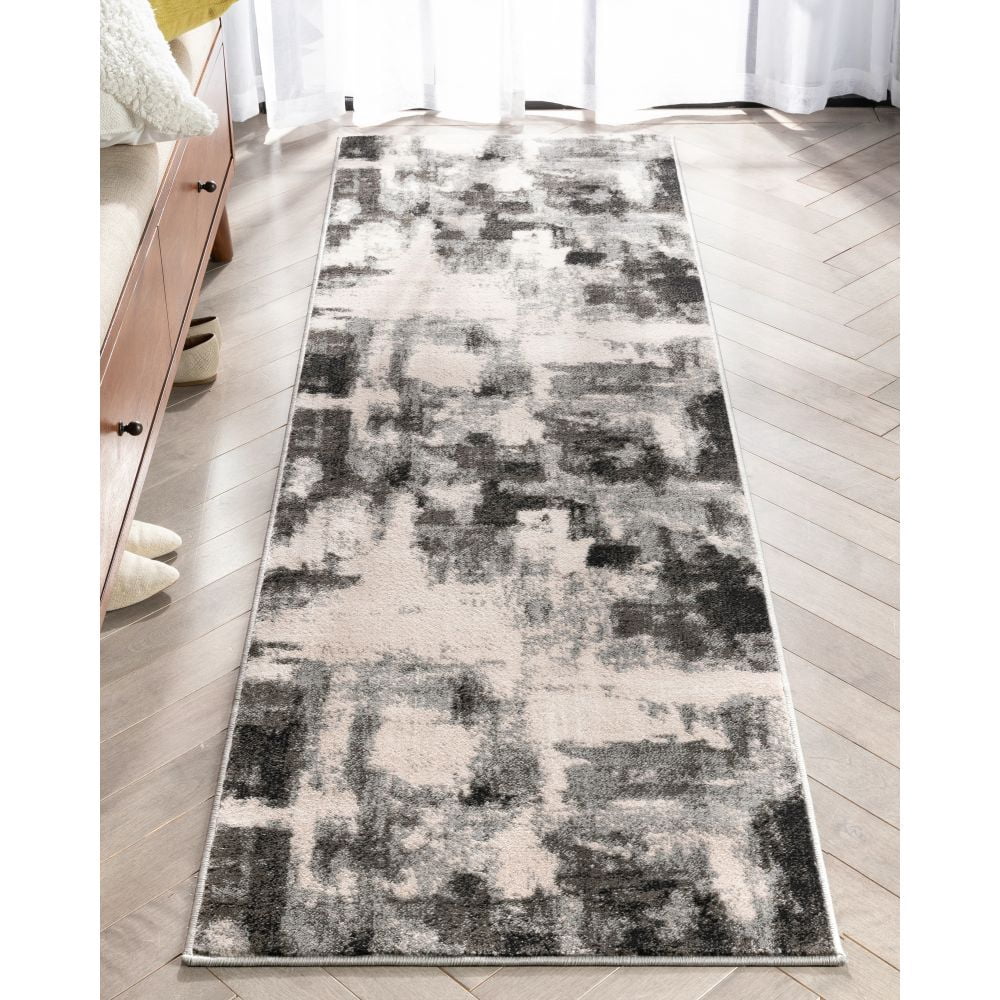 Well Woven Caila Grey & Black Brush Stroke Abstract Geometric Runner Rug 2x7 (2'3" x 7'3")
