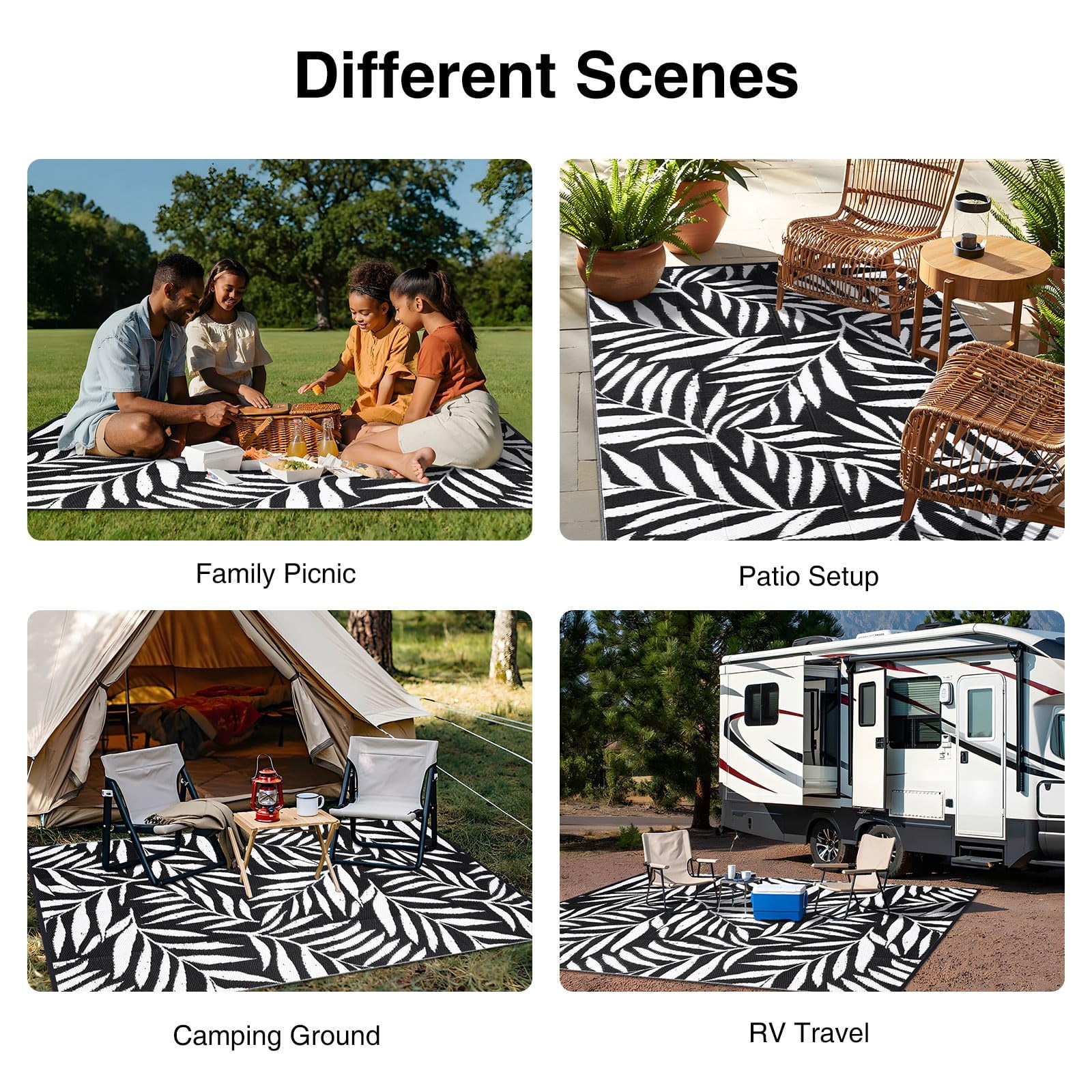 Smiry Outdoor Rugs 8x10, Waterproof Plastic Straw Indoor Outdoor Mat for Patio, RV Camping, Deck,Porch, Black & White