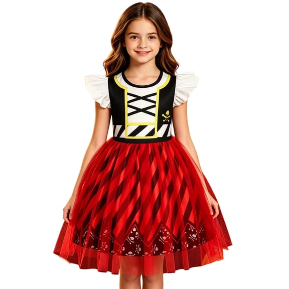 Girls Pirate Dress Tutu Dress Kids Short Flutter Sleeve Tulle Princess Dress for Birthday Party Halloween Theme Outfits(Red,4-5 Years)