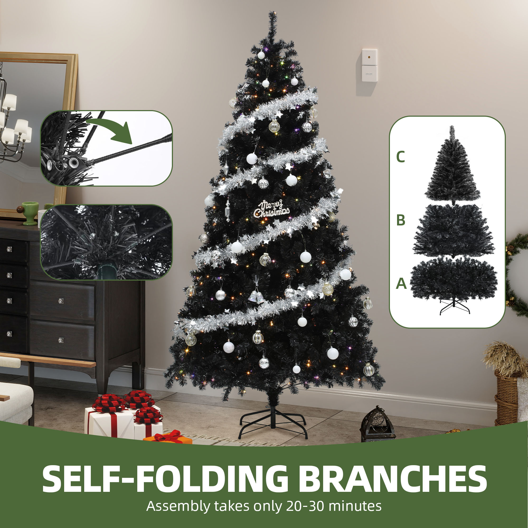 Uforic 6ft Pre-lit Artificial Pine Christmas Tree with 818 Branch Tips & 250 Lights, Remote Control, Black