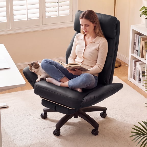 Ninecer Cross Legged Office Chair with Wide Seat, Plus Size Criss Cross Desk Chair, Black Leather Big and Tall Office Chair 500 LBSwith Foot Rest, Reversible Armrests & Wide Seat