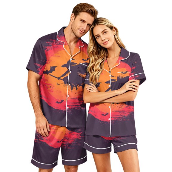 JULMCOMO Halloween Pajama Sets for Couples Pumpkin Ghost Bat Print Button Down Loose Lounge Sets Funny Print Party Soft Shorts Pajamas Red-Women 2XL