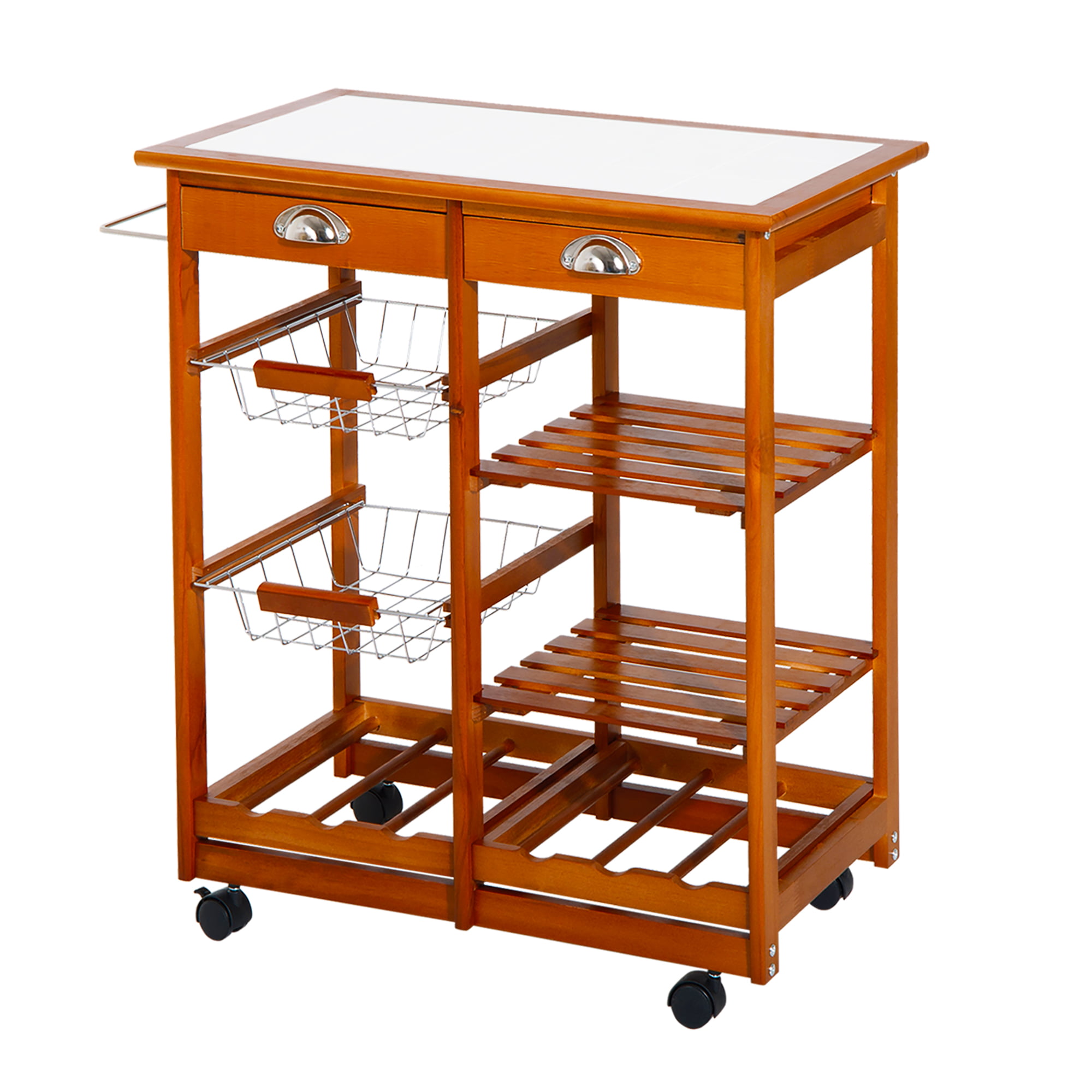Homcom Wooden Rolling Kitchen Cart Tile, Rolling Wooden Shelves