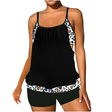Wyobmus Womens Plus Size Swimsuits Modest 2 Piece Bathing Suits Lace Eyelet Criss Cross Tankini Tops With Boyshorts G-Black
