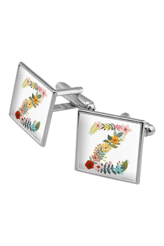 Letter Z Floral Monogram Initial Square Cufflink Set - Silver or Gold