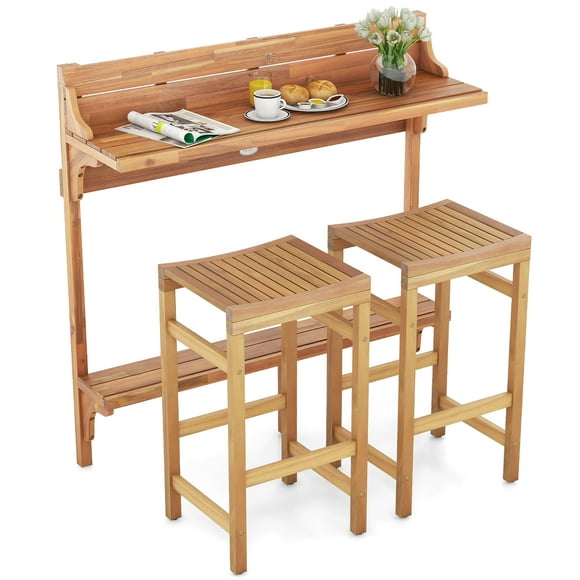 Gymax 3 PCS Acacia Wood Balcony Table Set w/ Shelf Footrest Curved Wood Seat