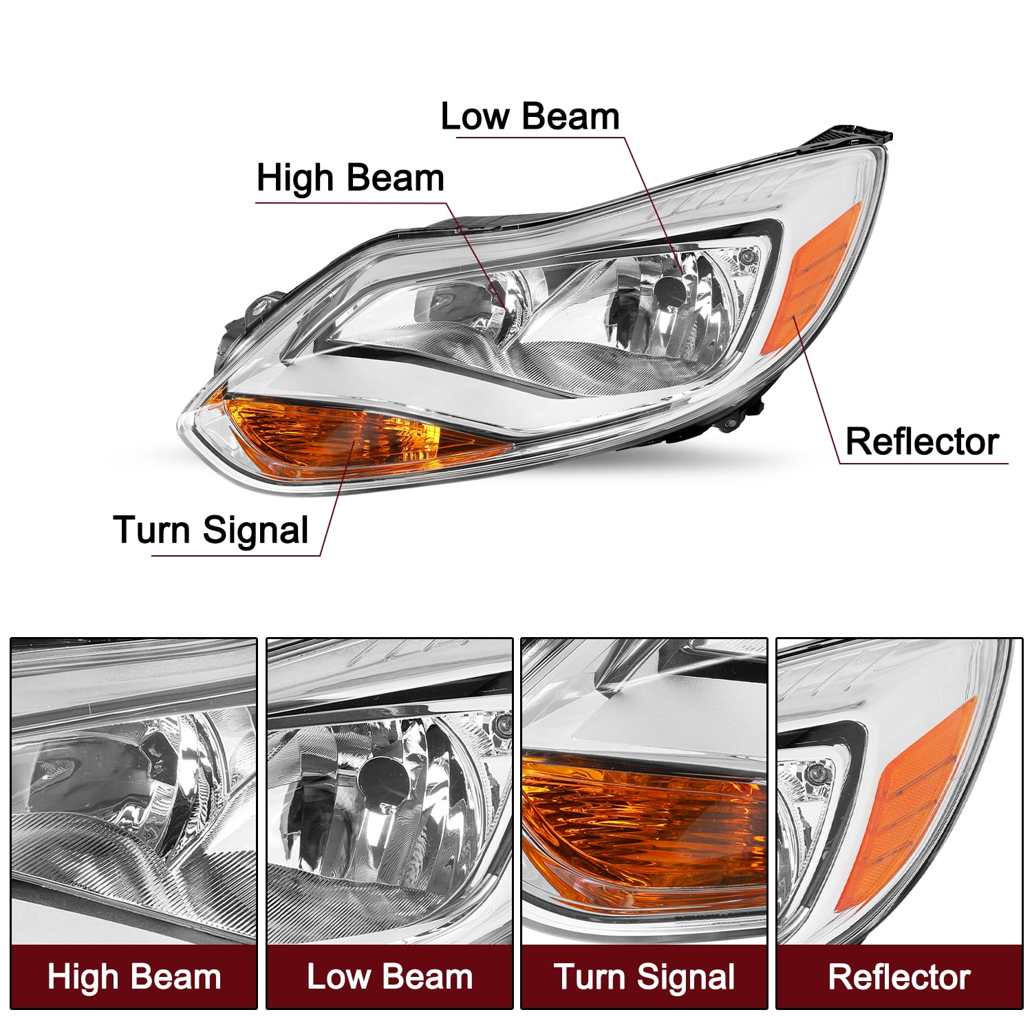 For 2012 2013 2014 Ford Focus Chrome Halogen [OE Style] Headlight LH Driver Side