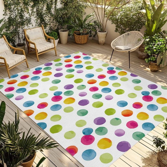 Polka Dots Outdoor Rug for Patio/Deck/Porch, Non-Slip Large Area Rug 5 x 7 Ft, Children's Day Colorful Watercolor Abstract Indoor Outdoor Rugs Washable Area Rugs, Reversible Camping Rug Carpet Runner