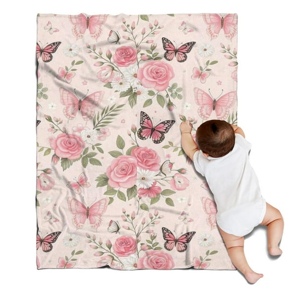 Pink Butterfly Floral Bow White Pattern Blanket,Comfortable Soft Flannel Throw Blanket,All Season,Warm Lightweight Blankets for Sofa Bed Couch Living Room Chair,30"x40"