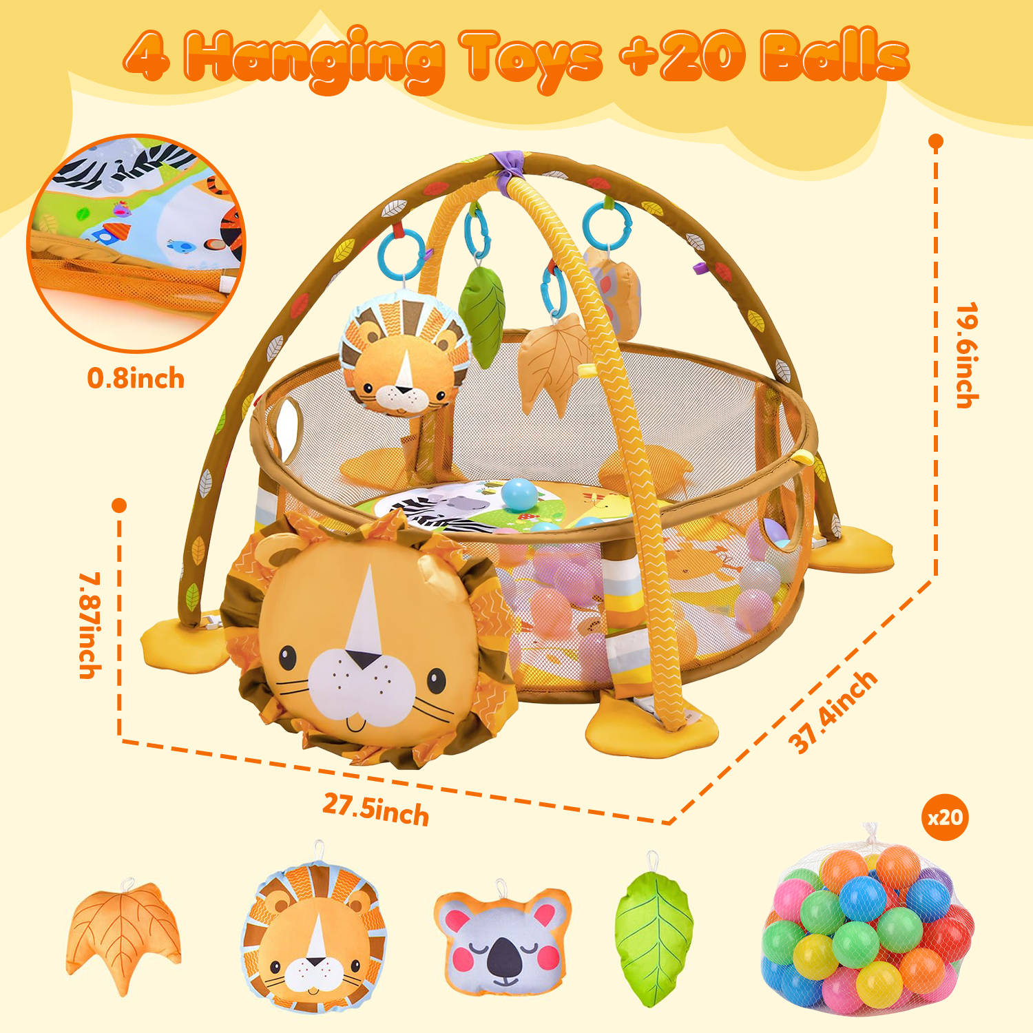 UQN 3-in-1 Baby Play Gym, Baby Play Activity Mat with Ocean Ball Sensory Toys, Gift for Newborn Infant Toddlers 0-36 Months, Yellow Lion