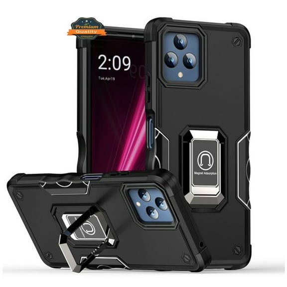 For T-Mobile Revvl 6 Pro 5G Hybrid 2 in 1 Hard PC TPU Heavy Duty Bumper Shockproof with Magnetic Ring Kickstand Phone Case Cover by Xpression - Black