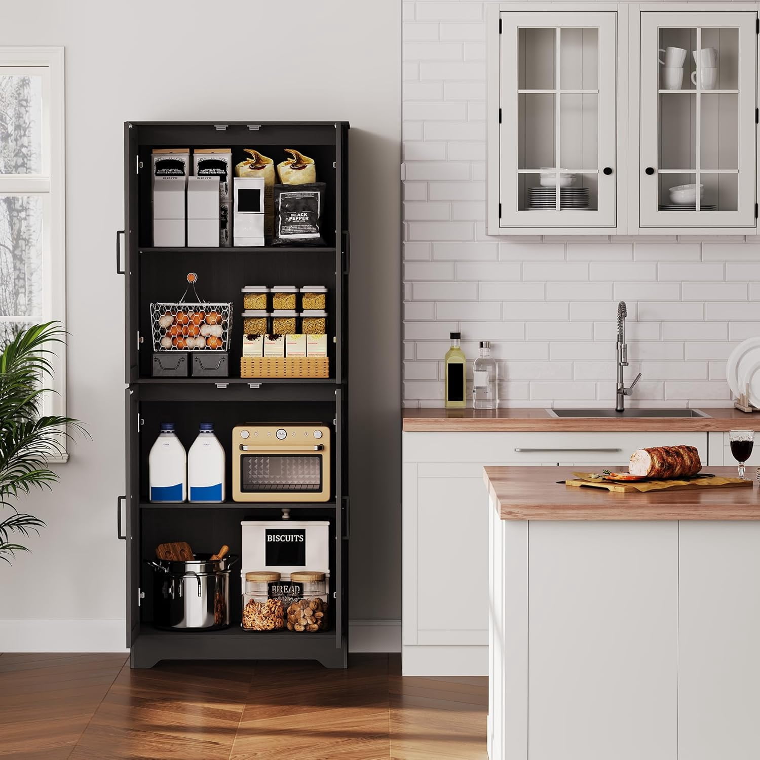 71" Tall Farmhouse Kitchen Pantry Cabinet – Freestanding Wooden Storage Cabinet with 4 Doors & Adjustable Shelves, Dining or Living Room Furniture, Black