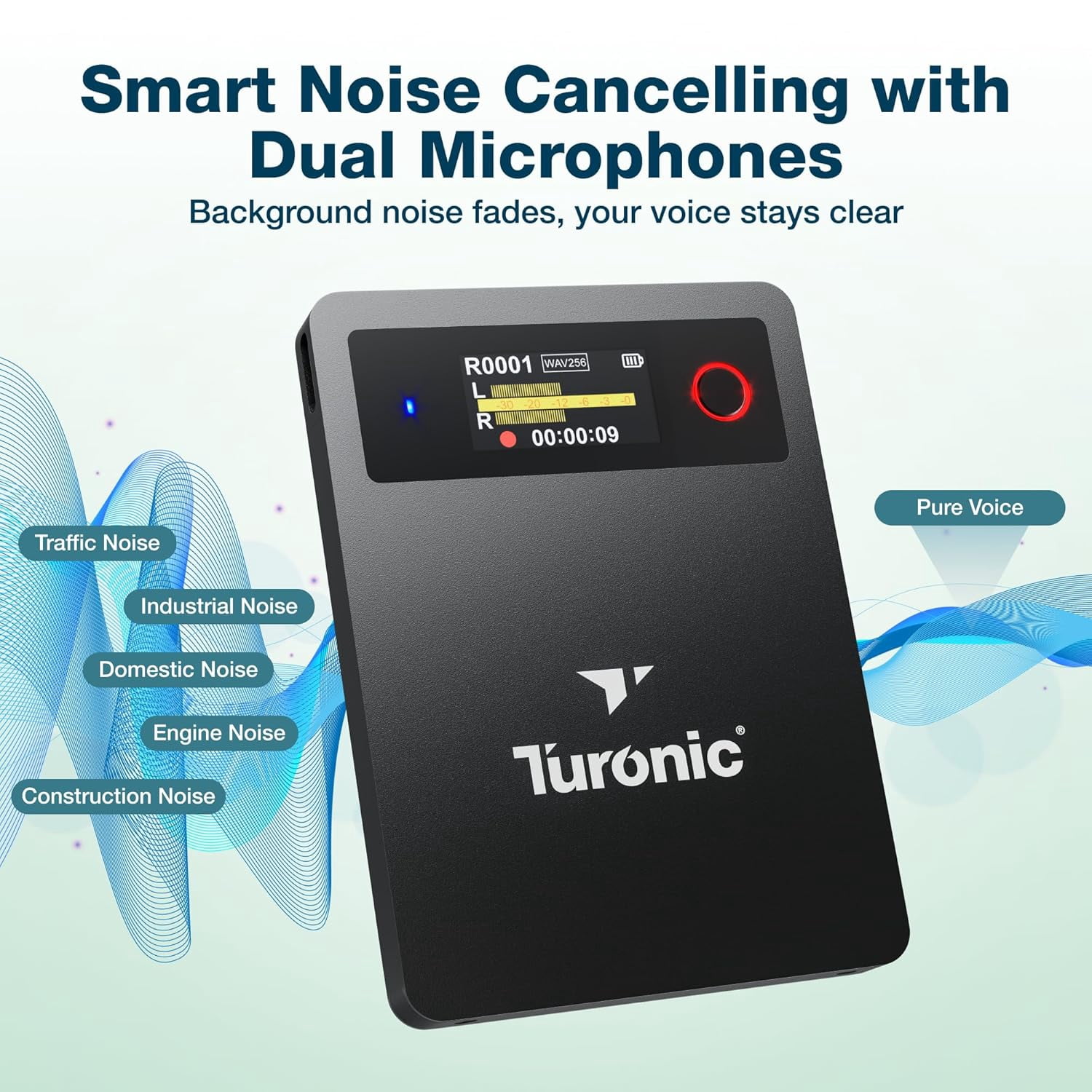 Turonic L813 AI Voice Recorder with AI Technology – 128GB, USB-C, Dual Mics, Noise Canceling, Transcription, File Security, Compact Design for Work, Study, and Interviews