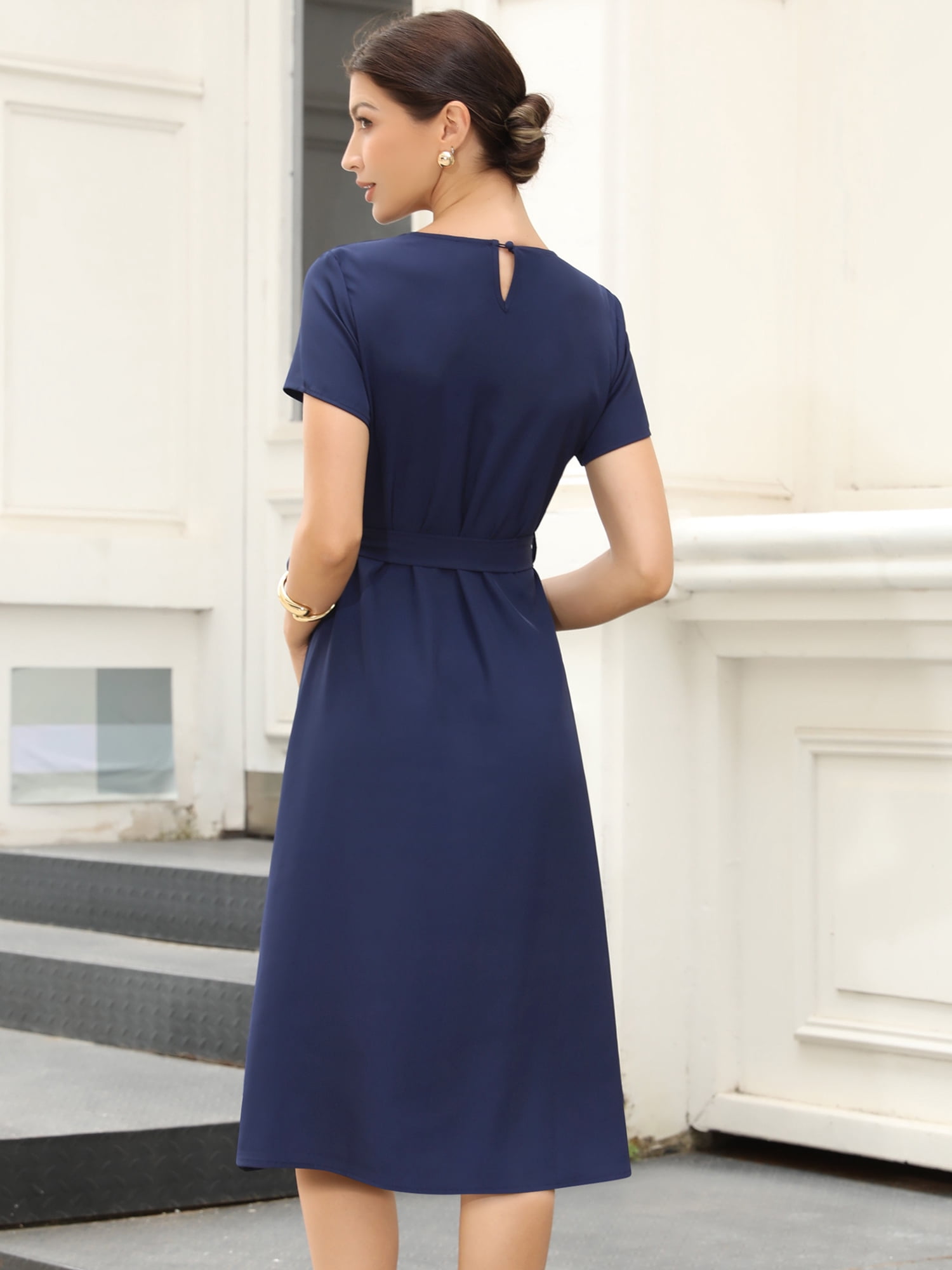 DARING DIVA Women's Polka Summer Short Sleeve A Line Flowy Dress for Work XS Navy Blue