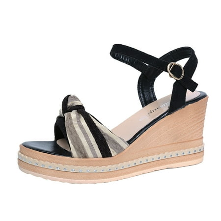 

ZIZOCWA Leather Slip On Shoes For Women High Heels Shoes For Women Sexy Beach Stripe Breathable Sandals Strap Wedge Shoes Buckle Ladies Bow Women S High Heels High Heeled Sneaker