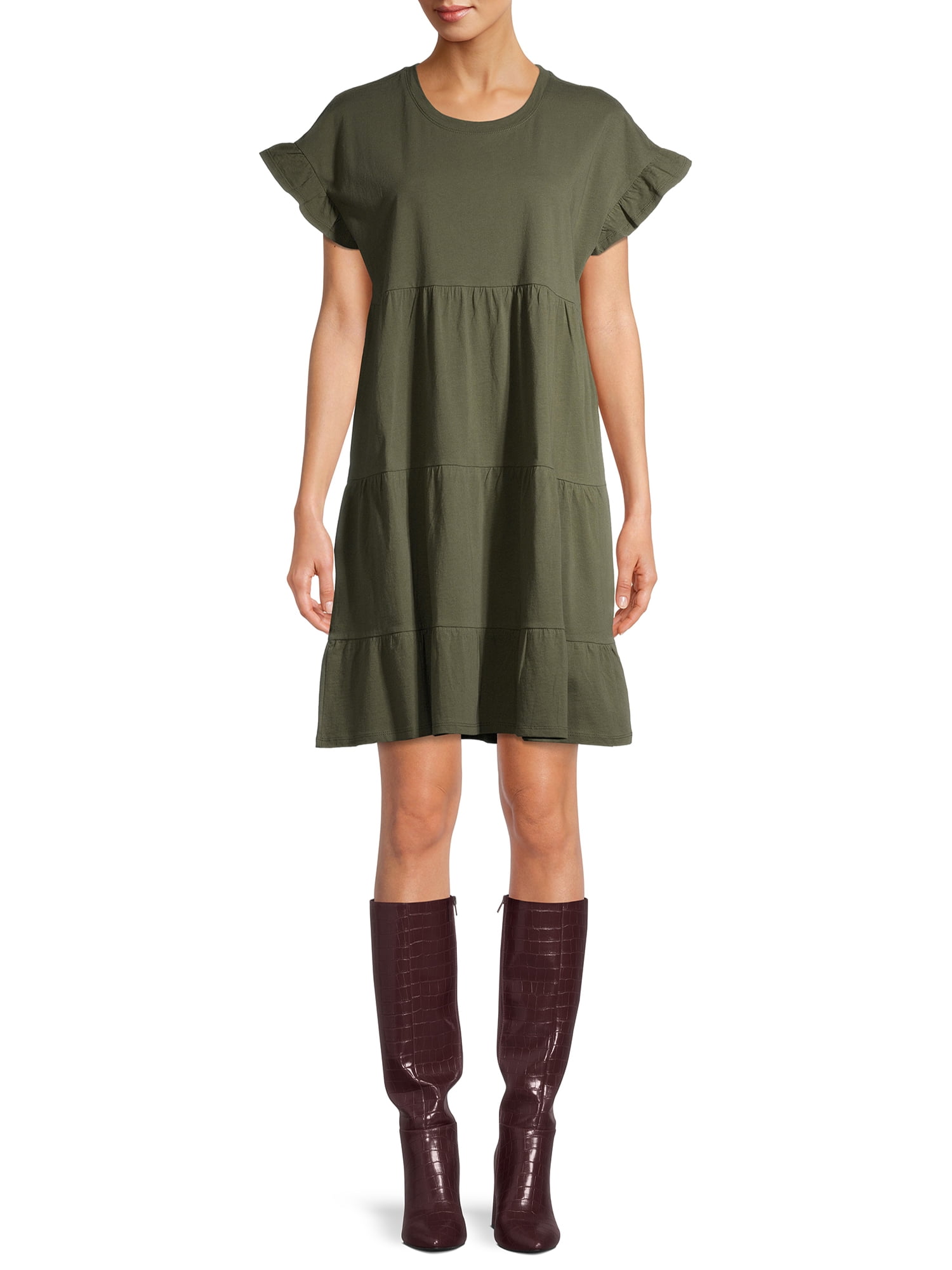 Time and Tru Women's Flutter Sleeve Knee Length Tiered Dress